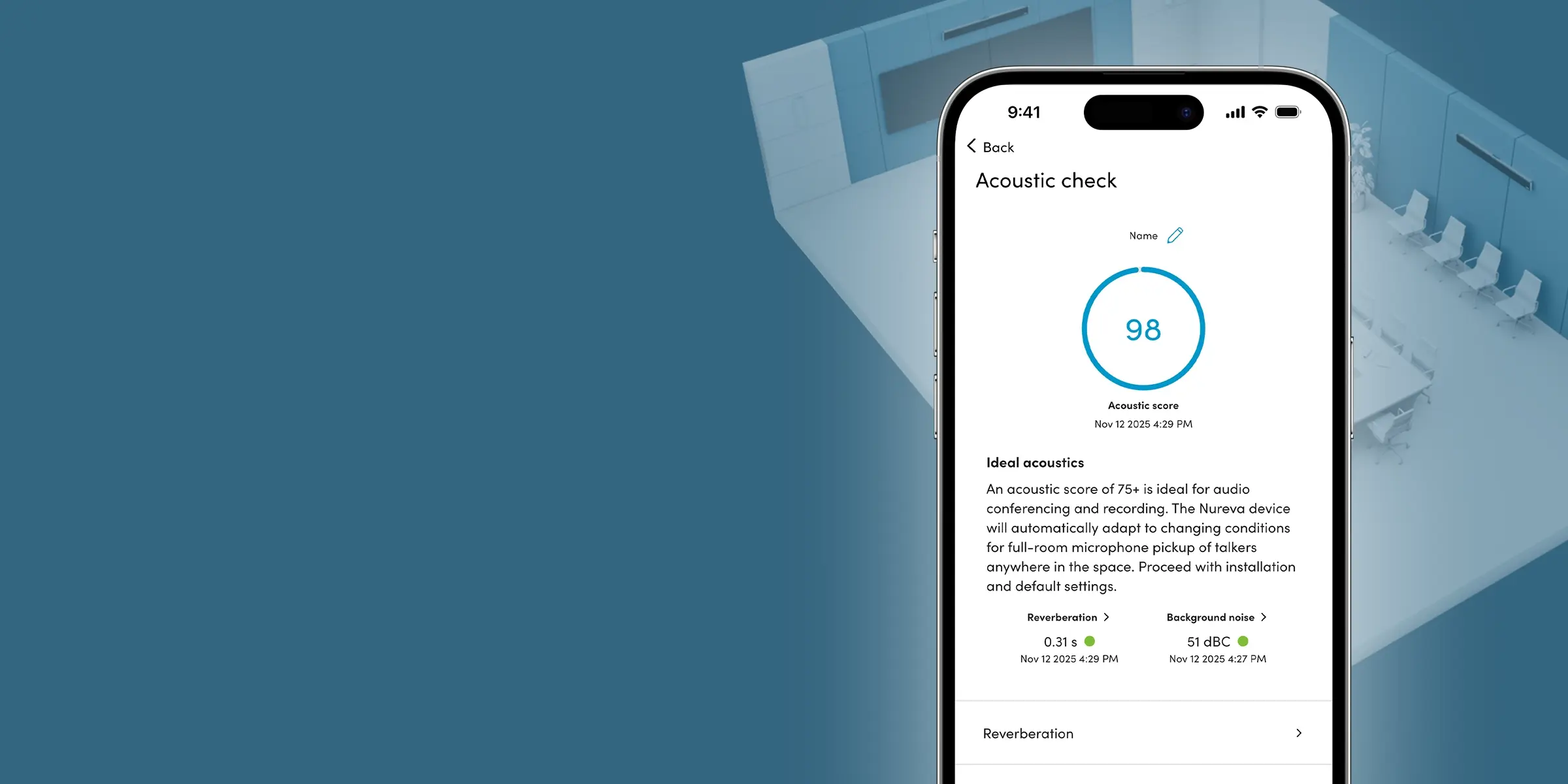 Nureva App acoustic check on an iPhone device showing an acoustic score with reverberation and background noise measurements.