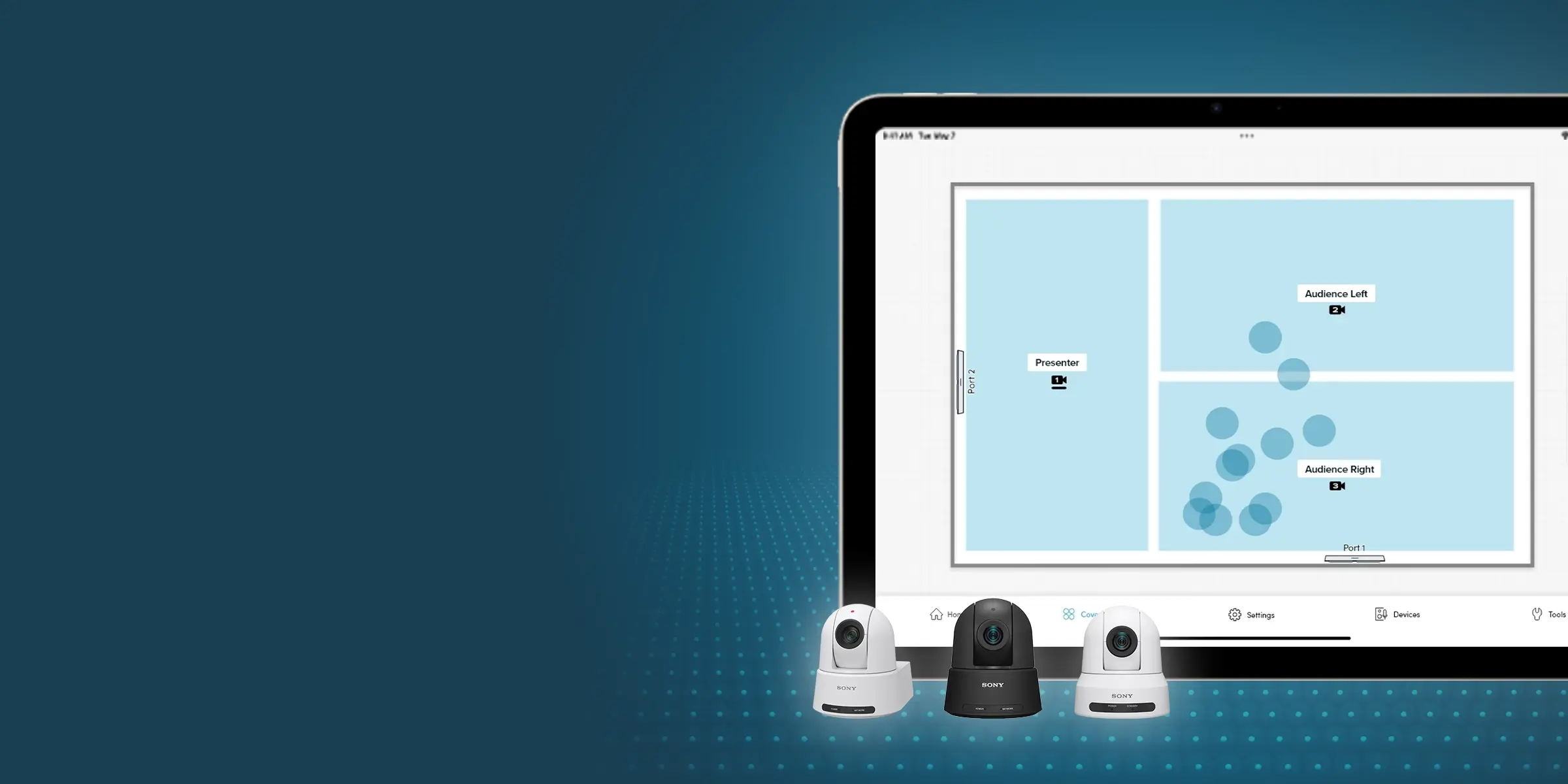 Nureva App coverage map on a tablet showing presenter and audience camera zones with sound location data, alongside three cameras.