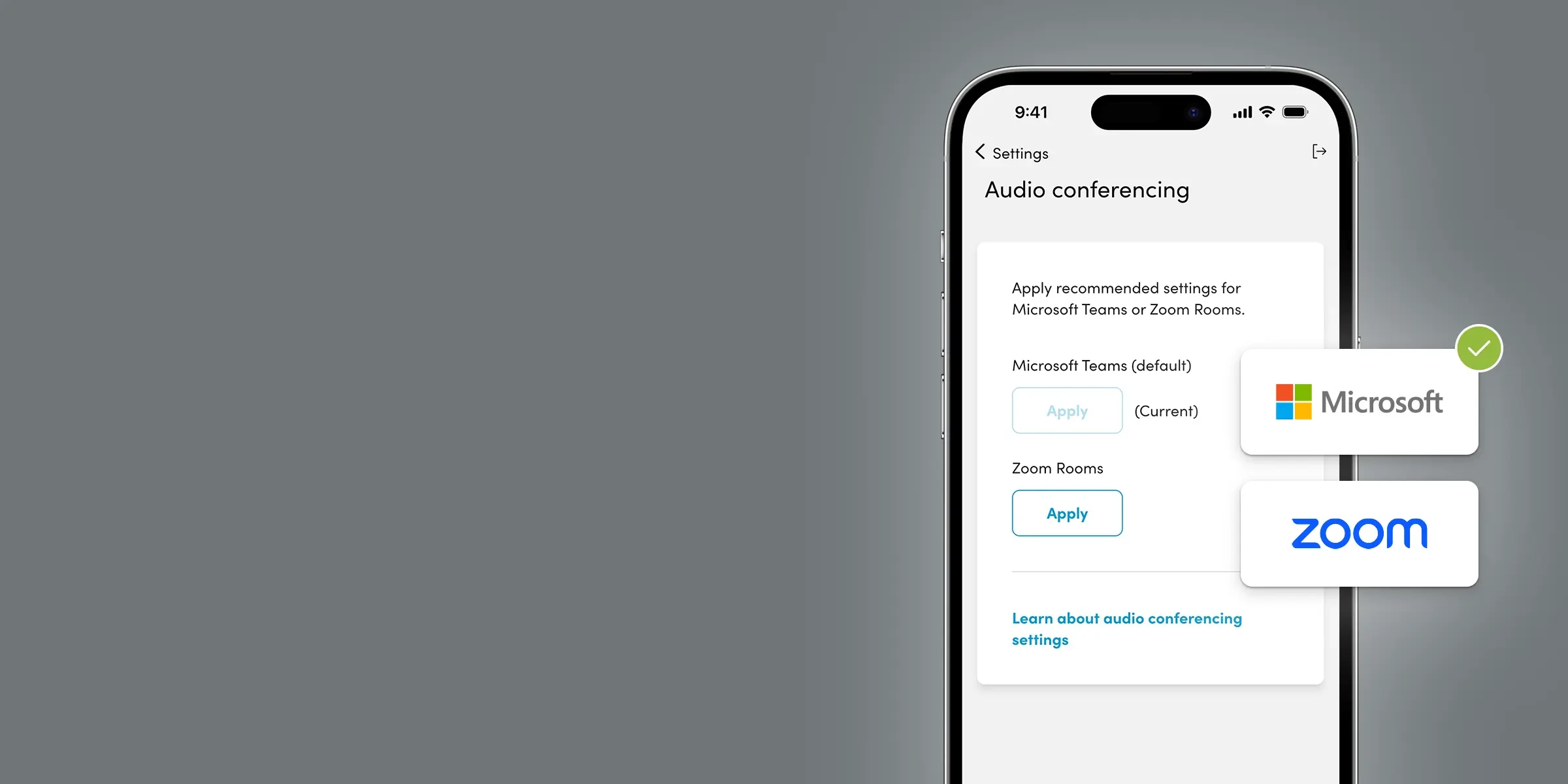 Nureva App audio settings on a smartphone showing recommended settings for Teams Rooms and Zoom Rooms.