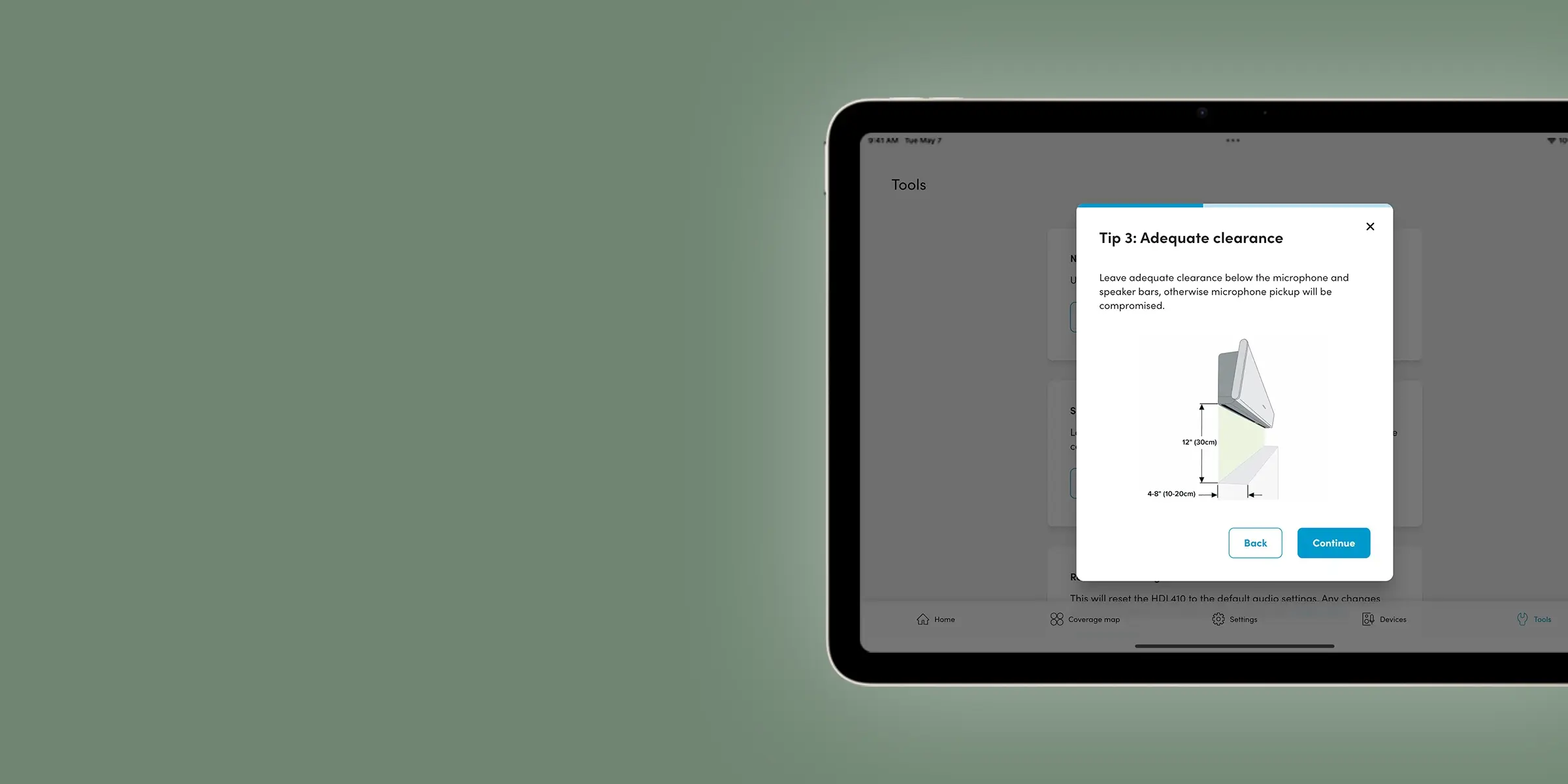 Nureva App device setup guide on a tablet showing clearance requirements below an HDL series microphone and speaker bar.