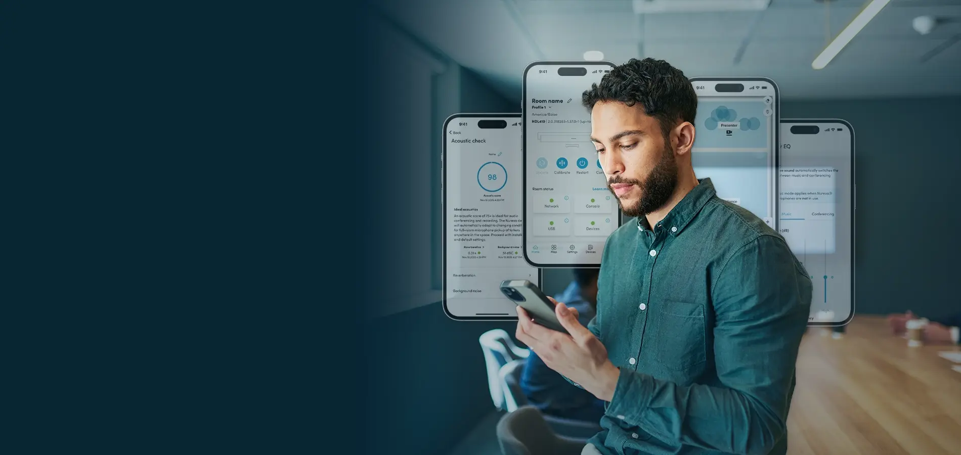 IT professional using a smartphone with Nureva App screens showing  acoustic check, room status, camera zones and speaker settings behind him.