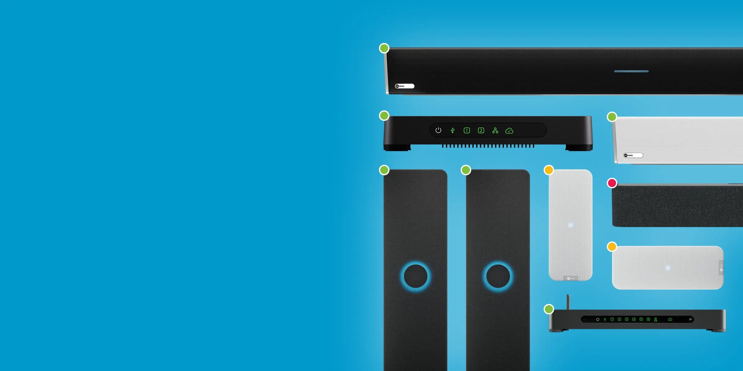 Nureva audio components with green, yellow and red status indicators illustrating intelligent device monitoring in Nureva Console.