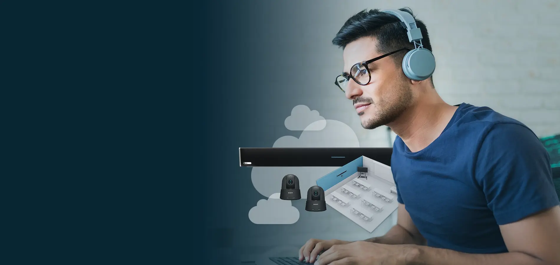 IT professional working at a laptop beside graphics of a Nureva microphone and speaker bar, cameras and a classroom layout, illustrating Nureva Developer Toolkit integrations.