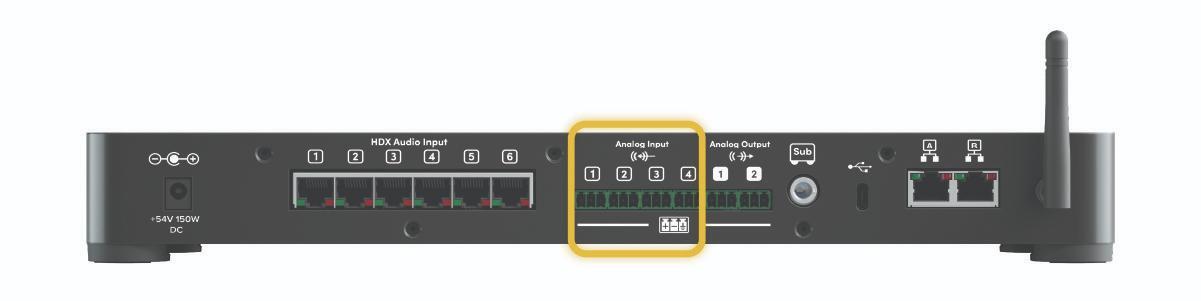 Rear panel of the HDX system hub with the analog audio input port highlighted in yellow. Rear panel of the HDX system hub with the analog audio input port highlighted in yellow.