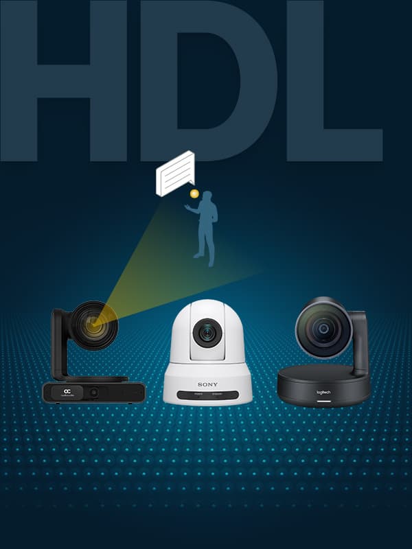 Graphic illustrating Nureva HDL series using 3D sound location data to integrate with PTZ cameras for automatic speaker tracking in large meeting rooms and hybrid conferencing environments.