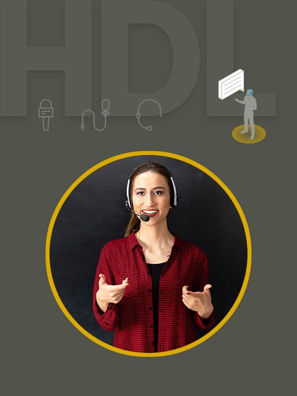 Graphic illustrating Nureva HDL series with Adaptive Voice Amplification feature, showing a person speaking during a presentation, designed to deliver clear and consistent voice levels across large meeting spaces.