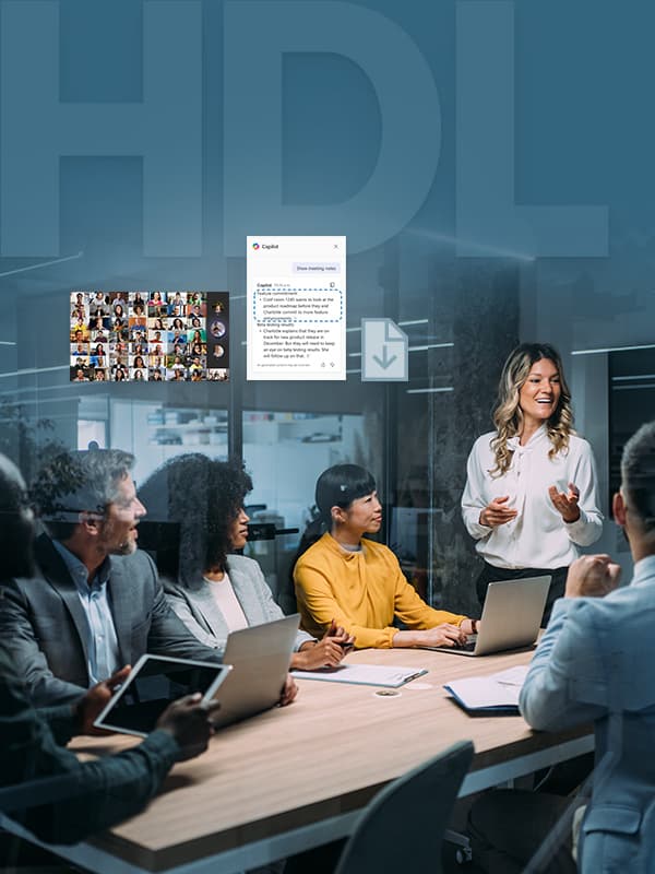 Graphic illustrating Nureva HDL series enabling AI-powered collaboration with integrated conferencing tools, shared content, and intelligent audio for hybrid meetings in modern office environments.
