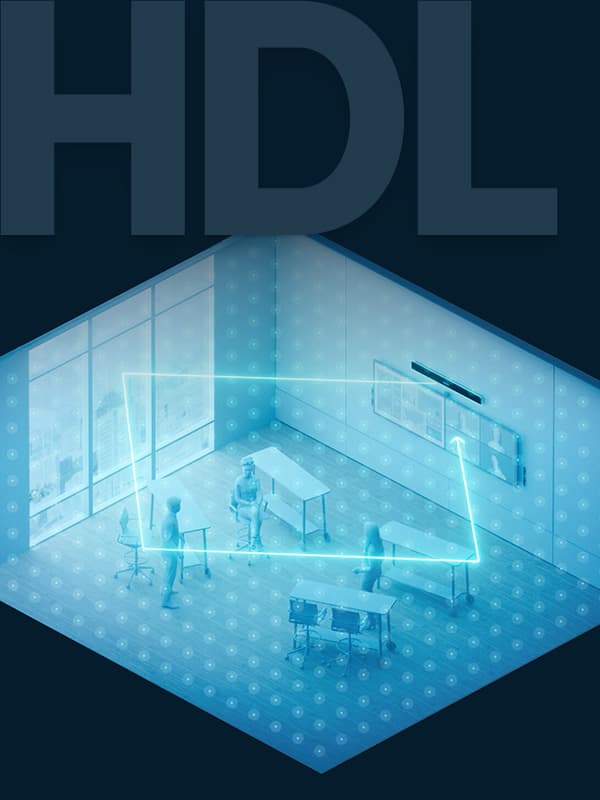 Graphic illustrating Nureva HDL series with continuous autocalibration technology, showing adaptive sound coverage in a modern meeting room for consistent audio performance in hybrid collaboration environments.