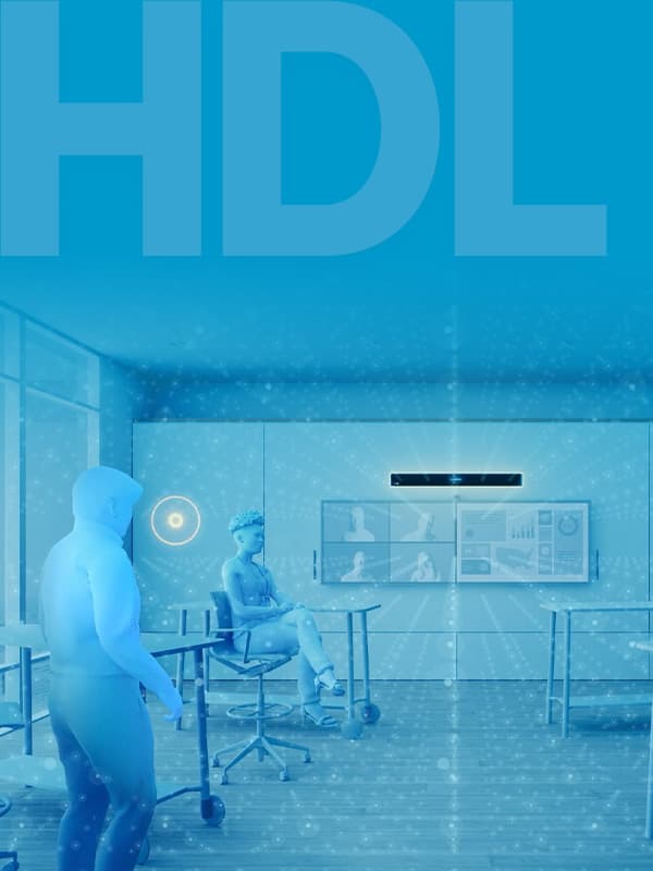 Graphic illustrating Nureva HDL series delivering full-room microphone coverage in a modern meeting space, with wall-mounted audio bar and visualized sound pickup for hybrid conferencing and collaboration.