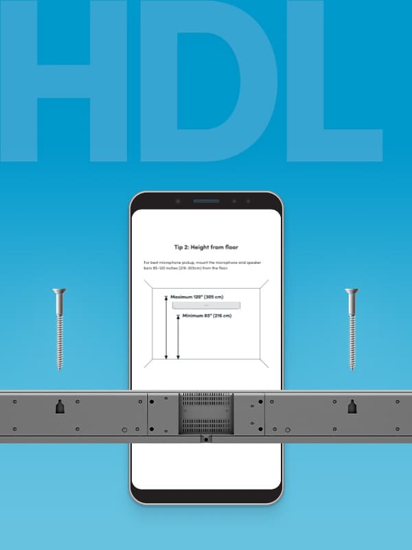 Graphic illustrating Nureva HDL series installation process with wall-mount hardware and mobile app guidance, showing recommended height and positioning for optimal audio performance in meeting and collaboration spaces.