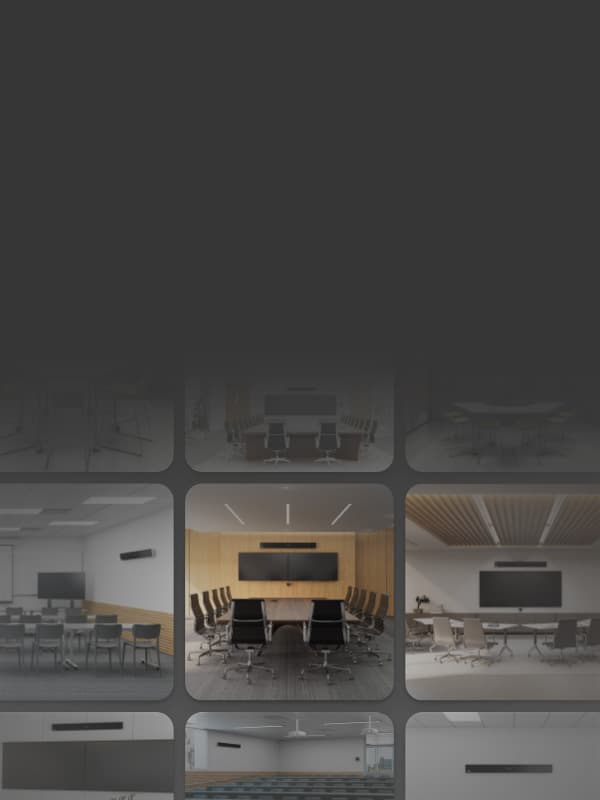 Grid of meeting and learning spaces equipped with Nureva audio conferencing systems, showcasing ideal environments such as classrooms, boardrooms and training rooms for effective collaboration.