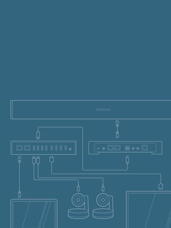 Diagram illustrating Nureva ecosystem connectivity, showing audio conferencing system integrated with cameras, displays, and other devices for seamless collaboration in meeting spaces.