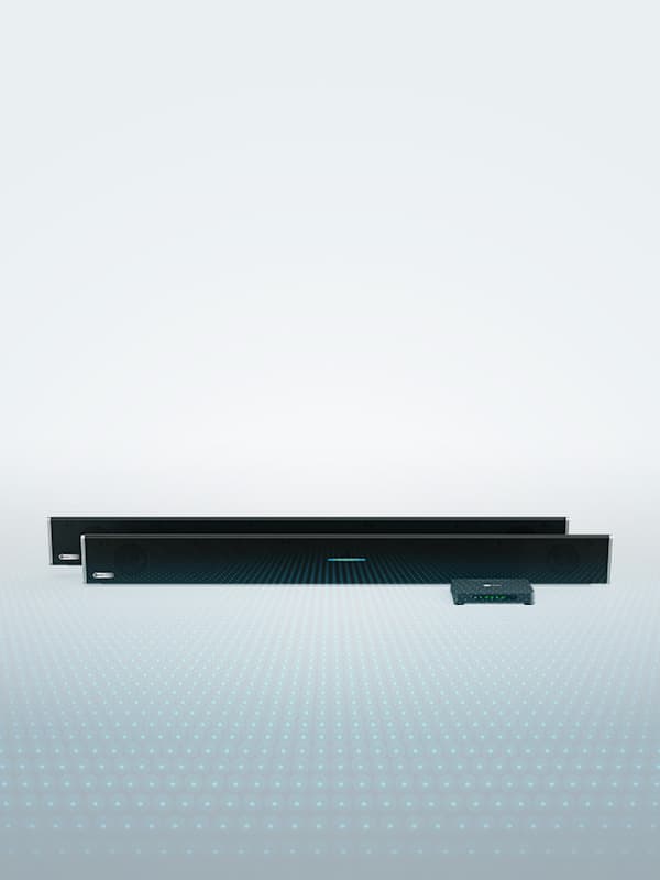 Nureva HDL410 audio conferencing system with dual microphone and speaker bars and Microphone Mist technology, delivering advanced virtual microphone coverage for large and extra-large meeting and collaboration spaces.