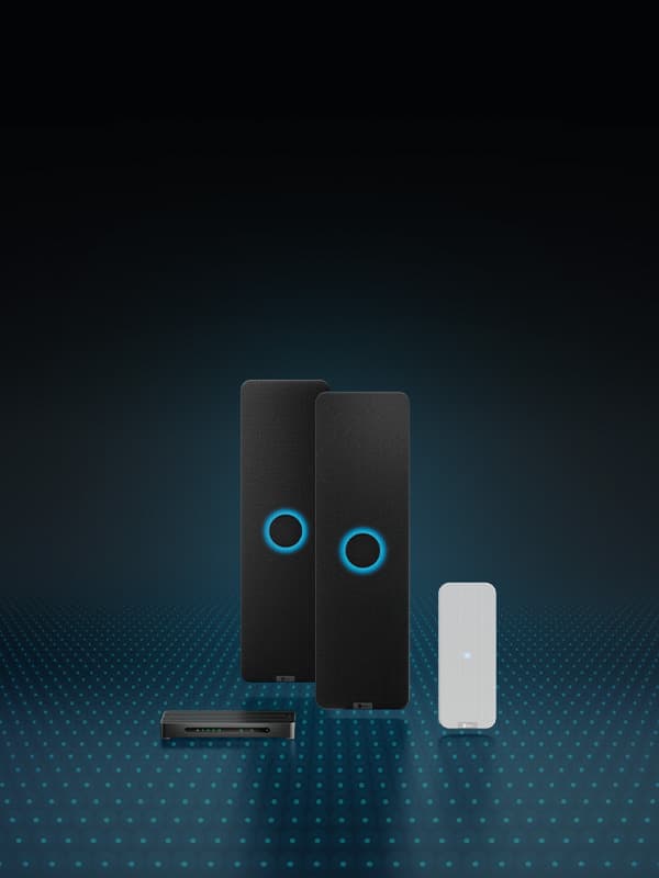 Nureva HDX audio system with two vertical rectangular black audio bars, each with an illuminated blue ring in the middle, a white microphone pod and the aluminum system hub. An overlay of blue dots represents Microphone Mist technology.