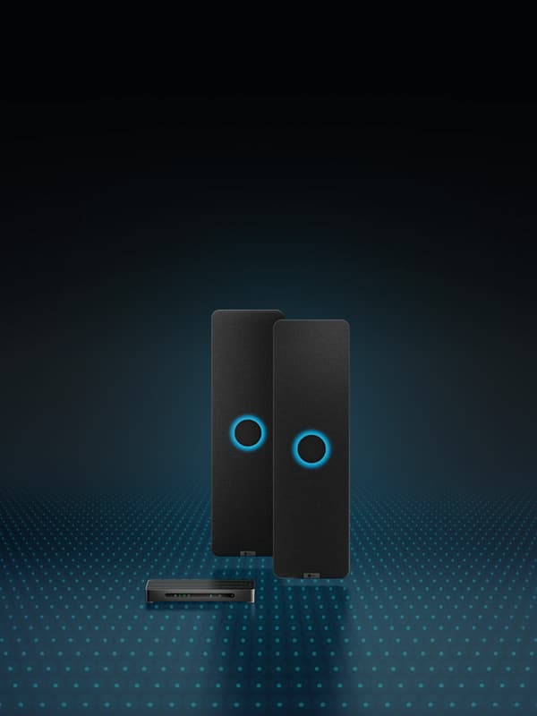 Nureva HDX audio system with two vertical rectangular black audio bars, each with an illuminated blue ring in the middle and the aluminum system hub. An overlay of blue dots represents Microphone Mist technology.