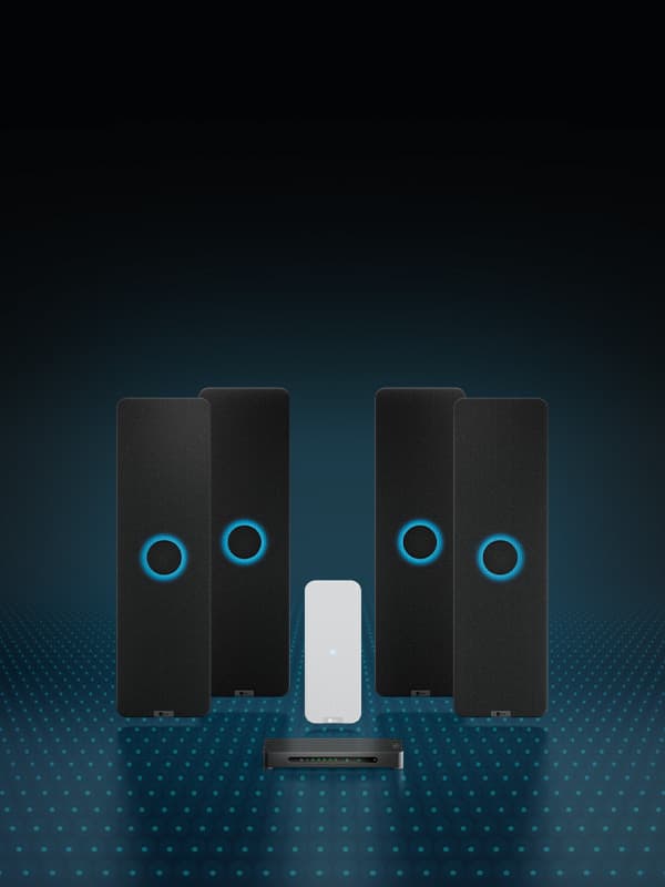 Nureva HDX audio system with four vertical rectangular black audio bars, each with an illuminated blue ring in the middle, a white microphone pod and the aluminum system hub. An overlay of blue dots represents Microphone Mist technology.