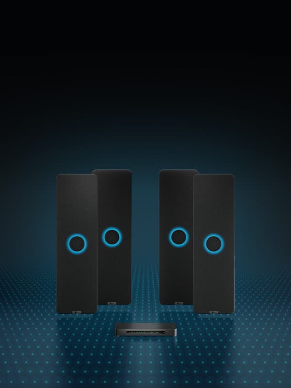 Nureva HDX audio system with four vertical rectangular black audio bars, each with an illuminated blue ring in the middle and the aluminum system hub. An overlay of blue dots represents Microphone Mist technology.