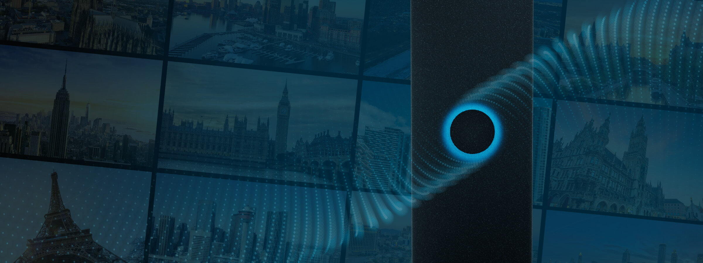 Wide hero banner featuring a Nureva HDX audio bar with glowing blue ring beside a video wall displaying international city skylines, promoting the HDX on Tour global series.