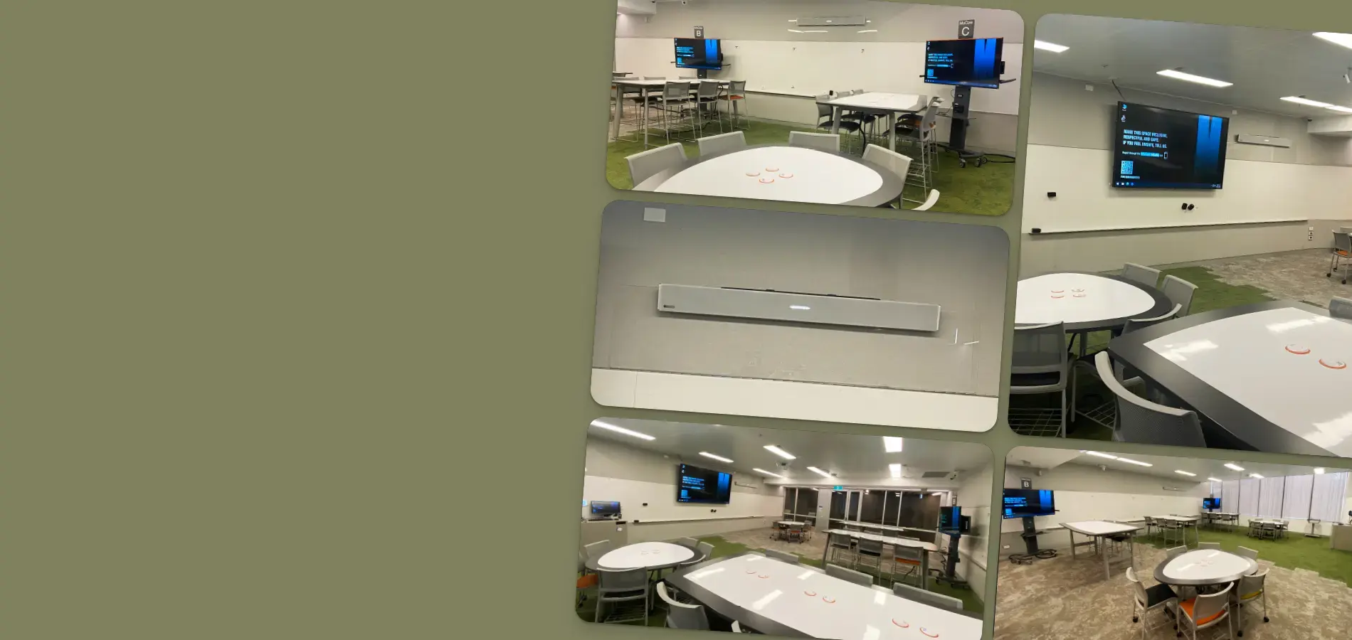 Wide-format collage of Monash University active learning classrooms with Nureva HDL audio installed across flexible group learning spaces.