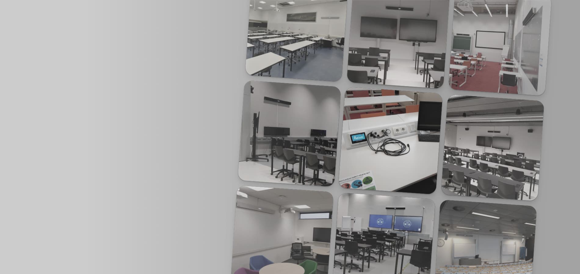 Wide-format collage of TU Delft University classrooms equipped with Nureva HDL audio systems for hybrid learning across multiple room types.