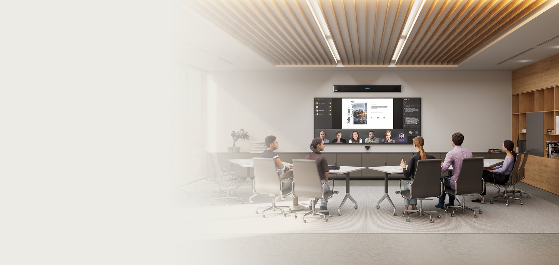 Microsoft Teams Rooms Signature boardroom featuring a Microsoft-certified Nureva HDL310 audio conferencing system mounted above a front-of-room display, with in-person participants seated at parallel meeting tables collaborating with remote colleagues on the Teams Signature front row layout.