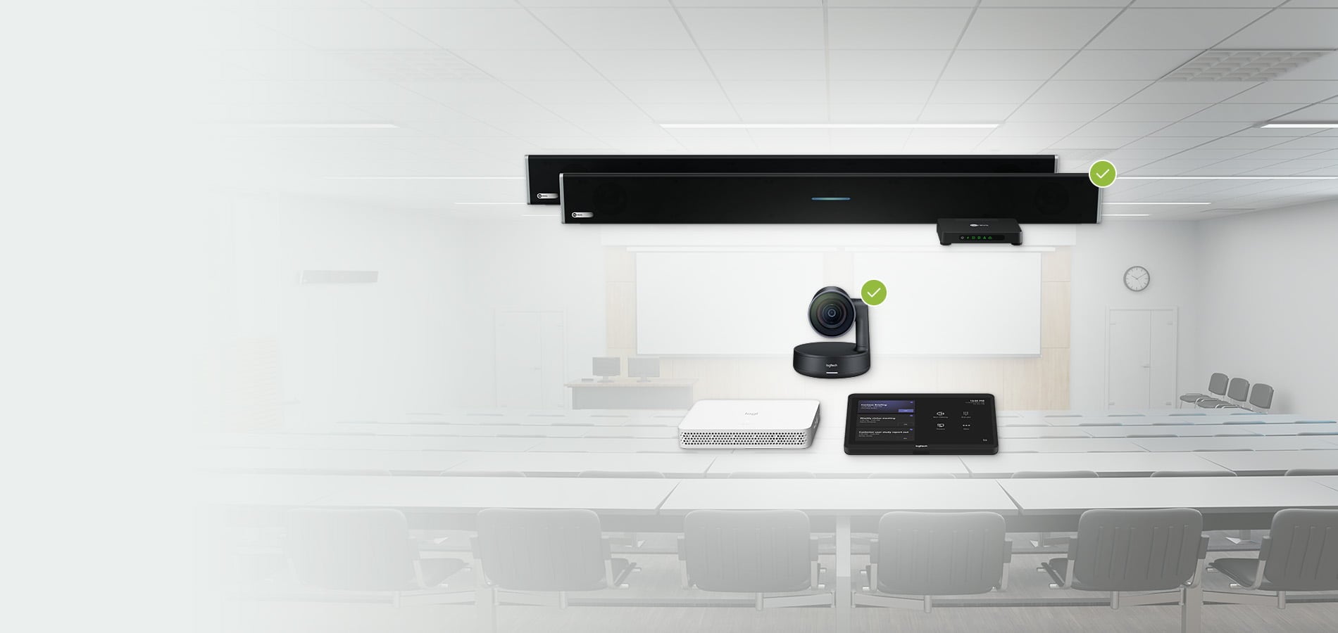 Nureva HDL410 system and Logitech camera system in a classroom setting with green compatibility checkmarks, designed for the hybrid learning use case.